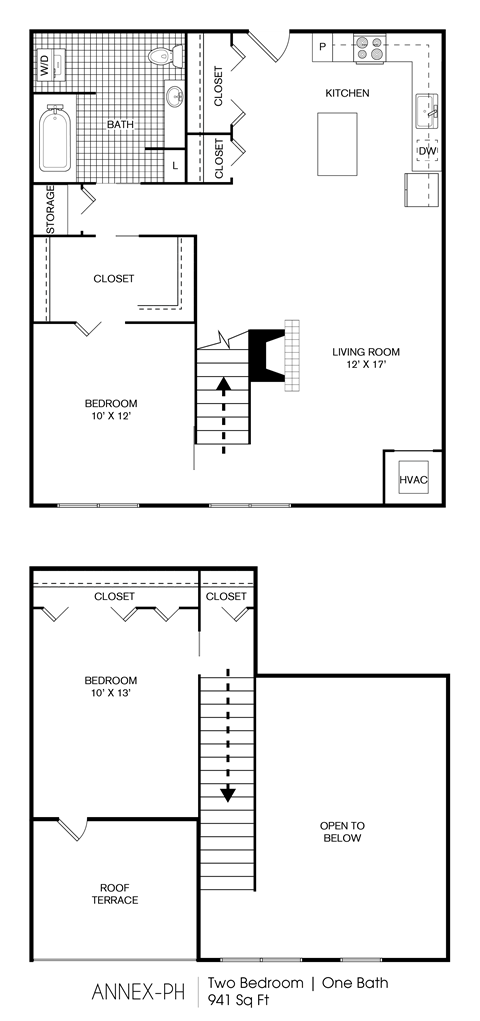 Floor plan for 2 beds, 1 bath, 941 sqft